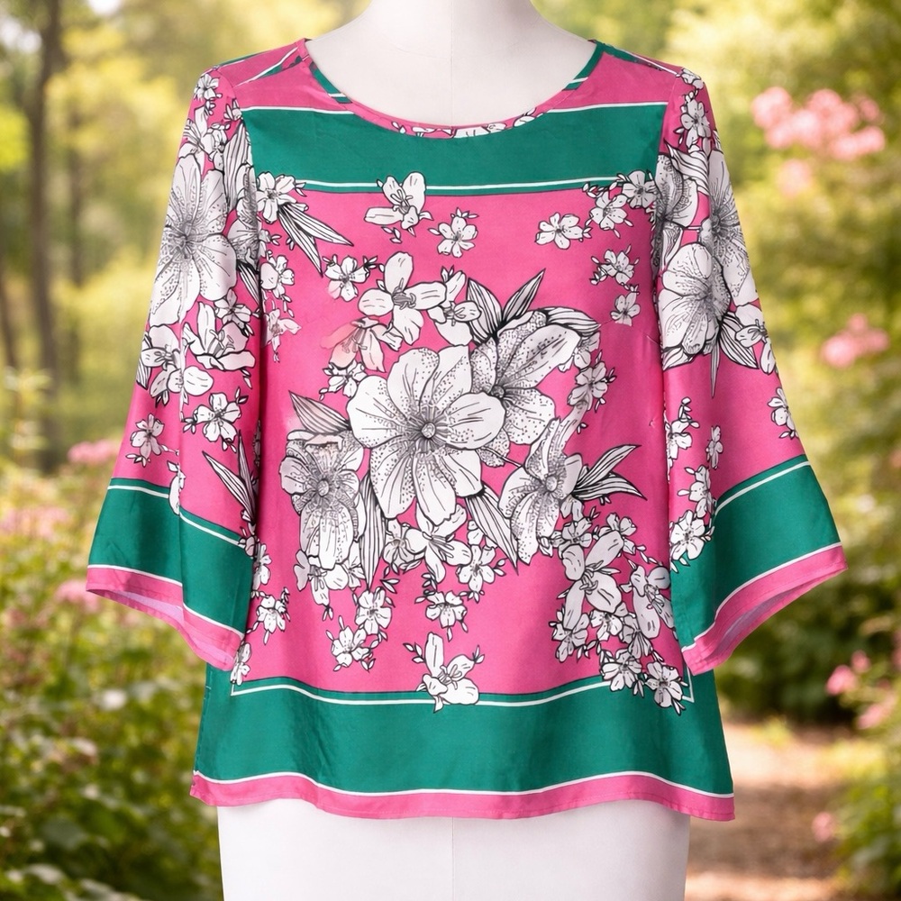 P.A.R.O.S.H. 100% Silk Floral Blouse XL Pink Green 3/4 Sleeve Top